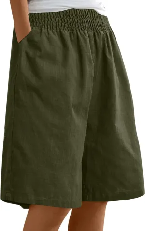 Bermuda Linen Shorts for Women Summer Wide Leg Knee Length High Waisted Shorts Casual Workout Long Short with Pockets