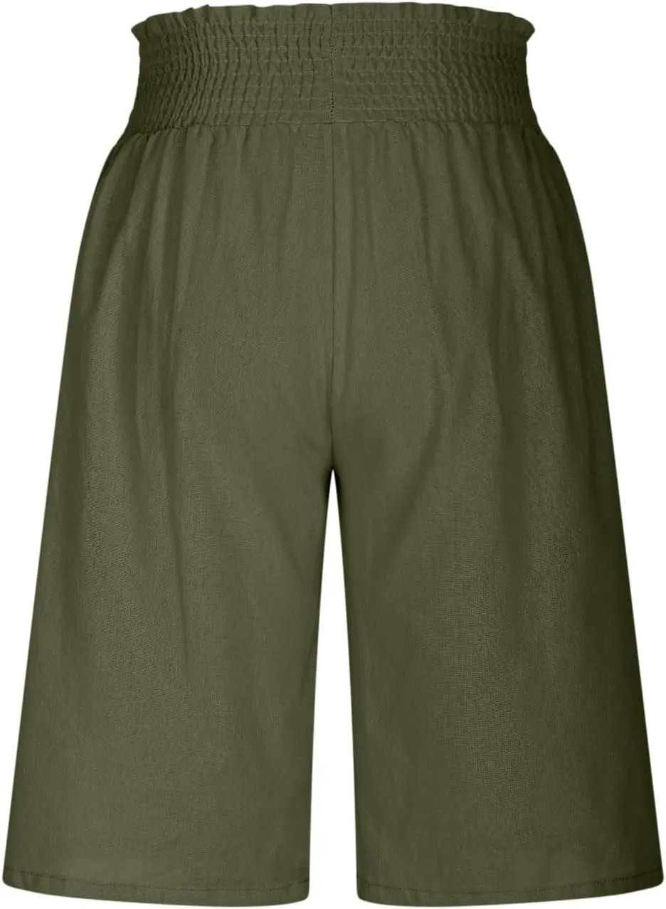 Bermuda Linen Shorts for Women Summer Wide Leg Knee Length High Waisted Shorts Casual Workout Long Short with Pockets
