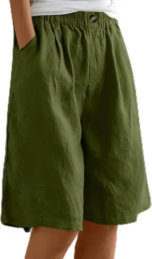 Bermuda Linen Shorts for Women Summer Wide Leg Knee Length High Waisted Shorts Casual Workout Long Short with Pockets