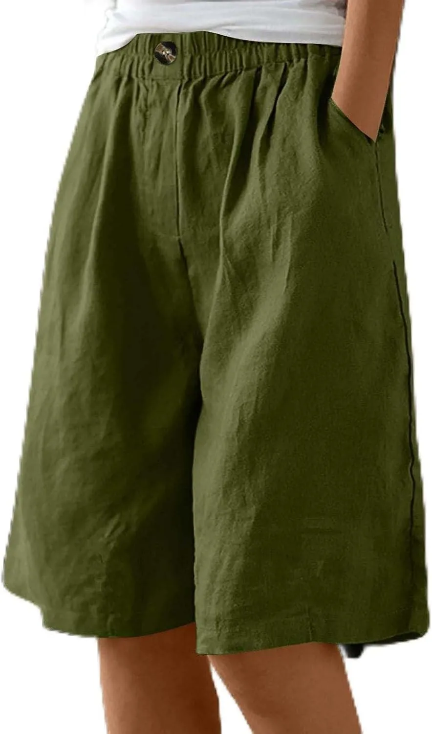 Bermuda Linen Shorts for Women Summer Wide Leg Knee Length High Waisted Shorts Casual Workout Long Short with Pockets