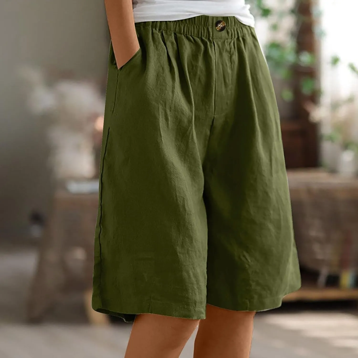 Bermuda Linen Shorts for Women Summer Wide Leg Knee Length High Waisted Shorts Casual Workout Long Short with Pockets