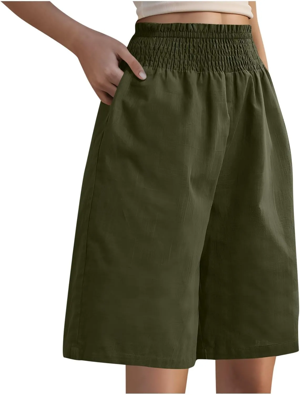Bermuda Linen Shorts for Women Summer Wide Leg Knee Length High Waisted Shorts Casual Workout Long Short with Pockets