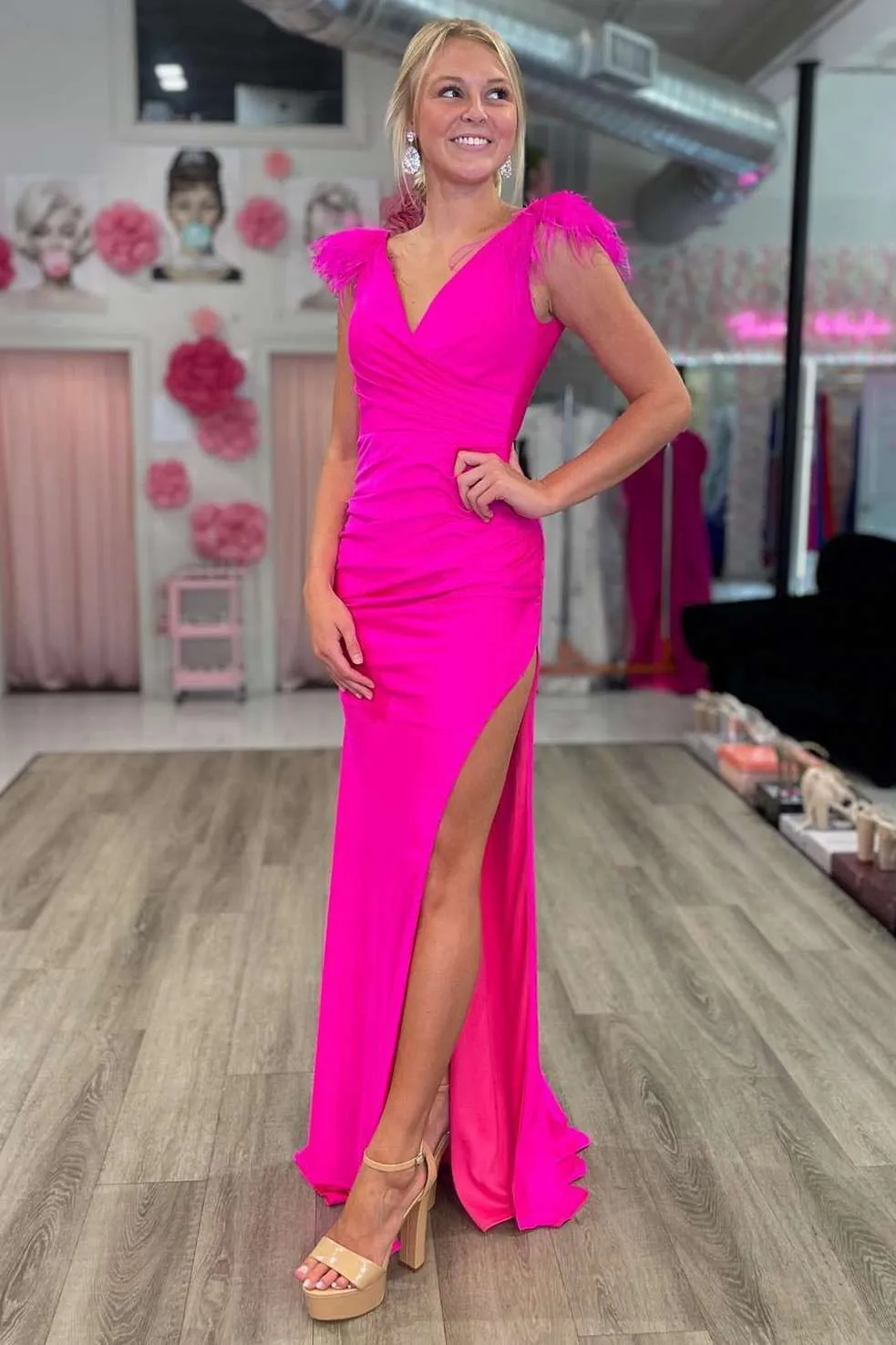 Black Feather V-Neck Long Prom Dress with Slit