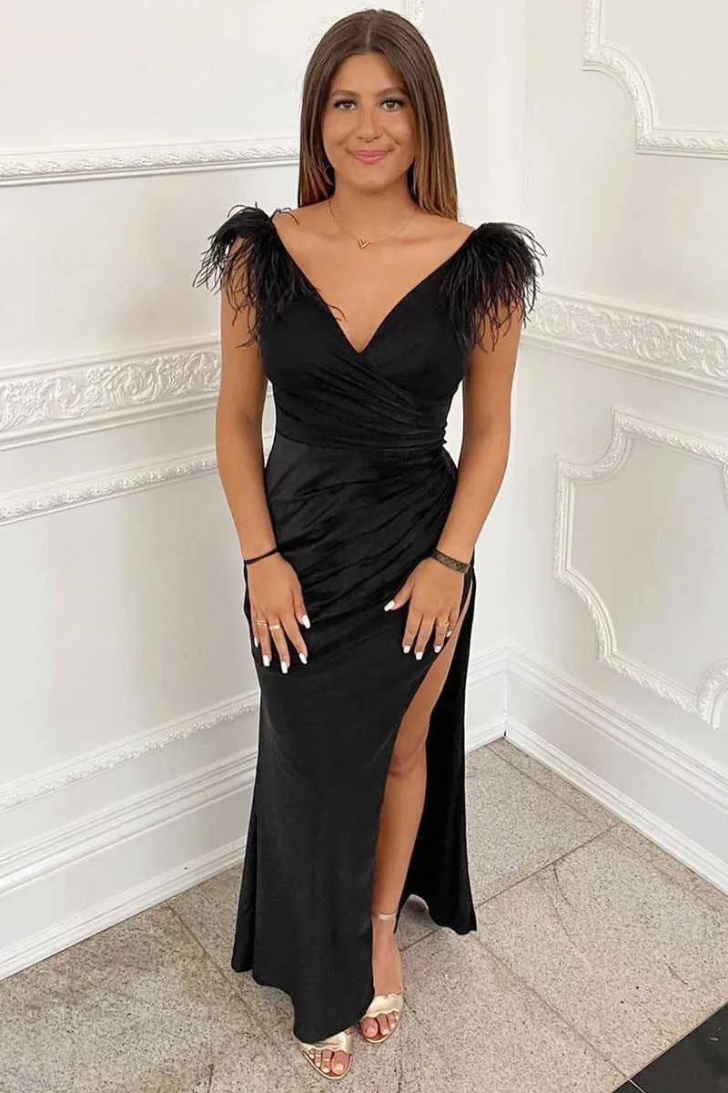 Black Feather V-Neck Long Prom Dress with Slit