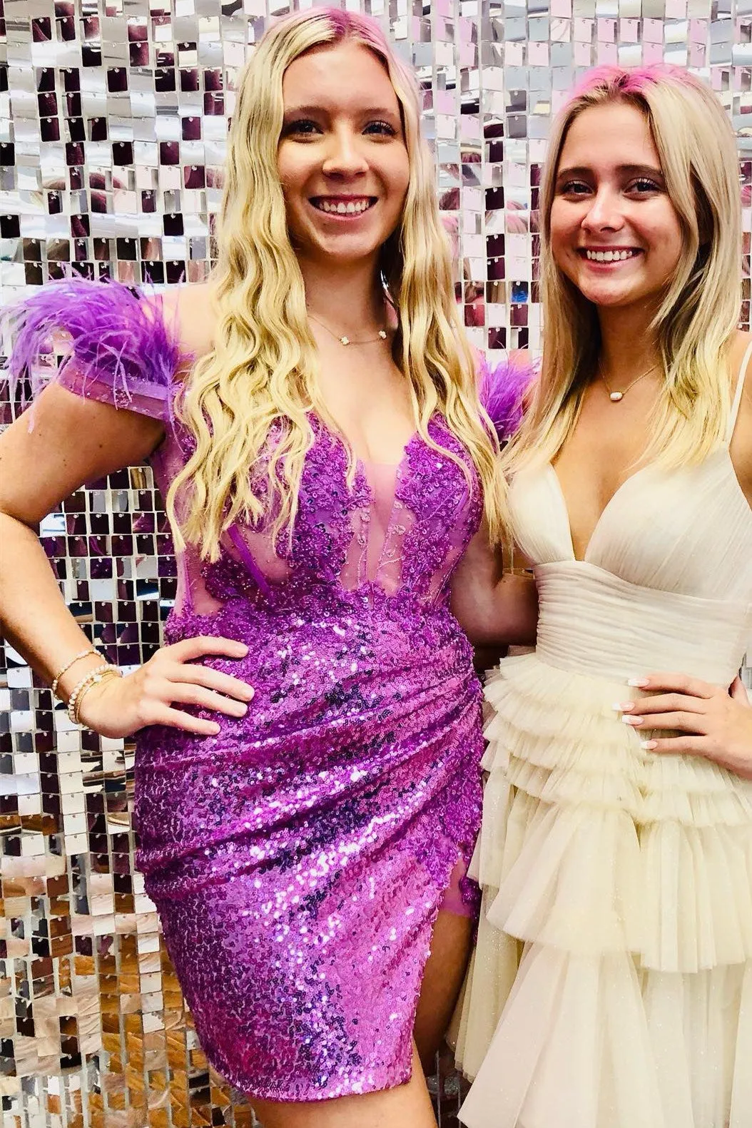 Black Sequin Off-the-Shoulder Lace-Up Short Gown with Feathers