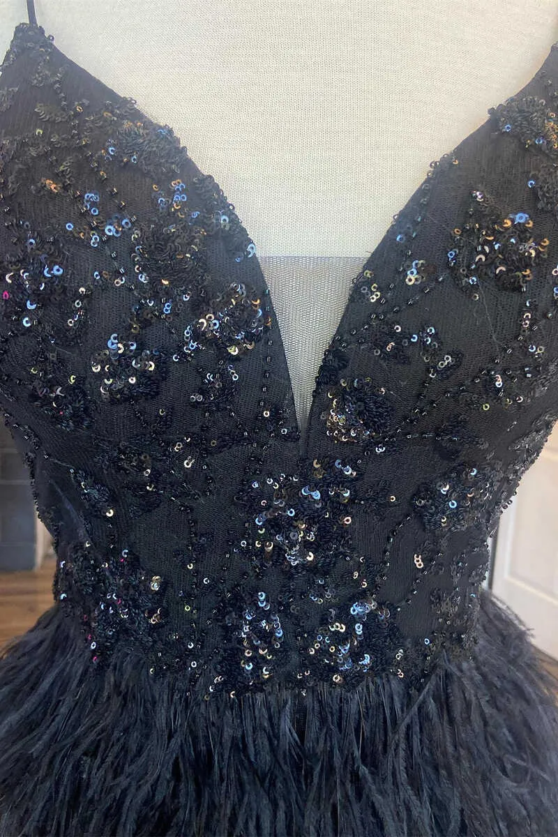 Black Sequin V-Neck Feathered Mini Homecoming Dress