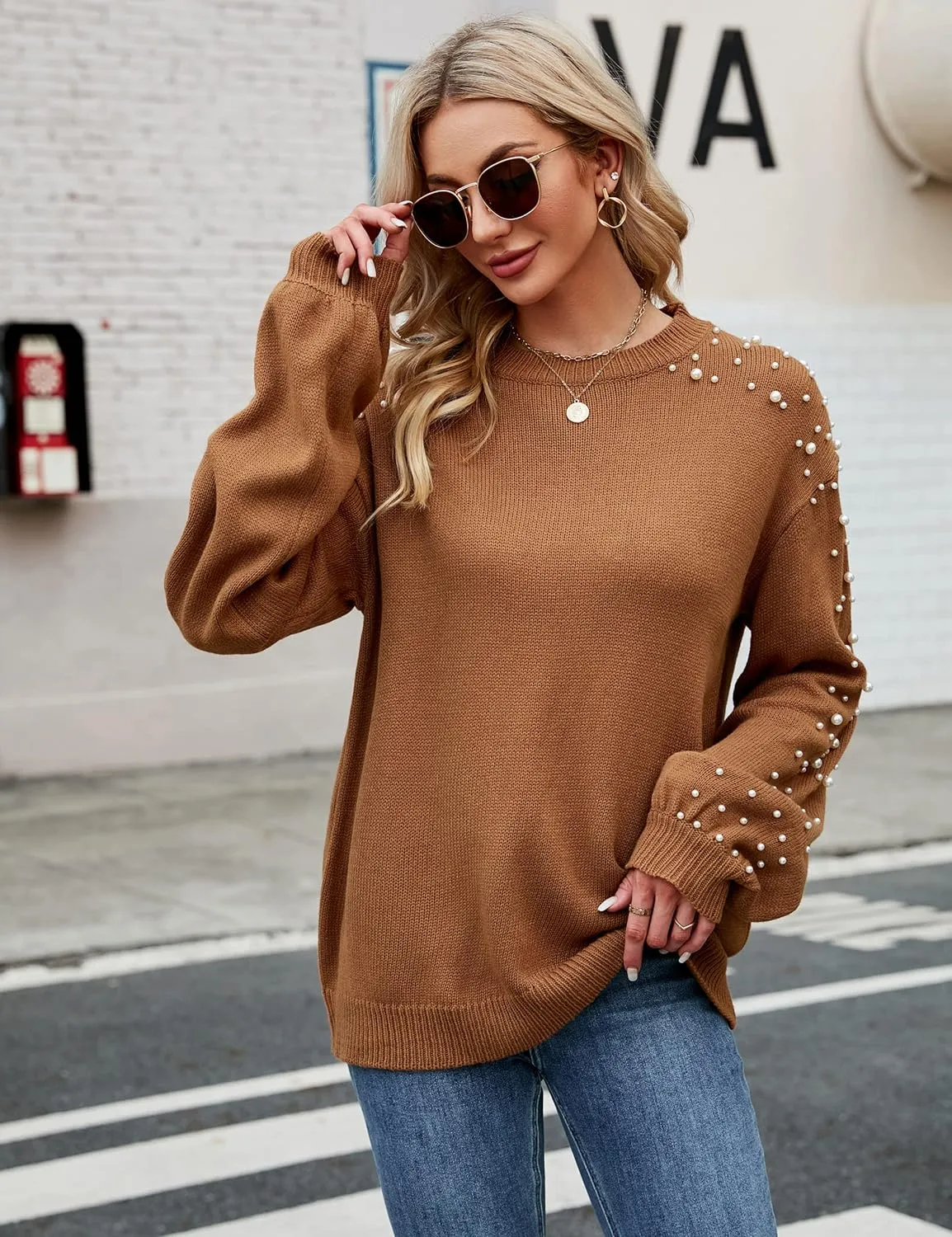 Blooming Jelly Women's Chunky Sweater Crewneck Sweatshirt Knit Lantern Sleeve Oversized Pullover Sweater with Pearls