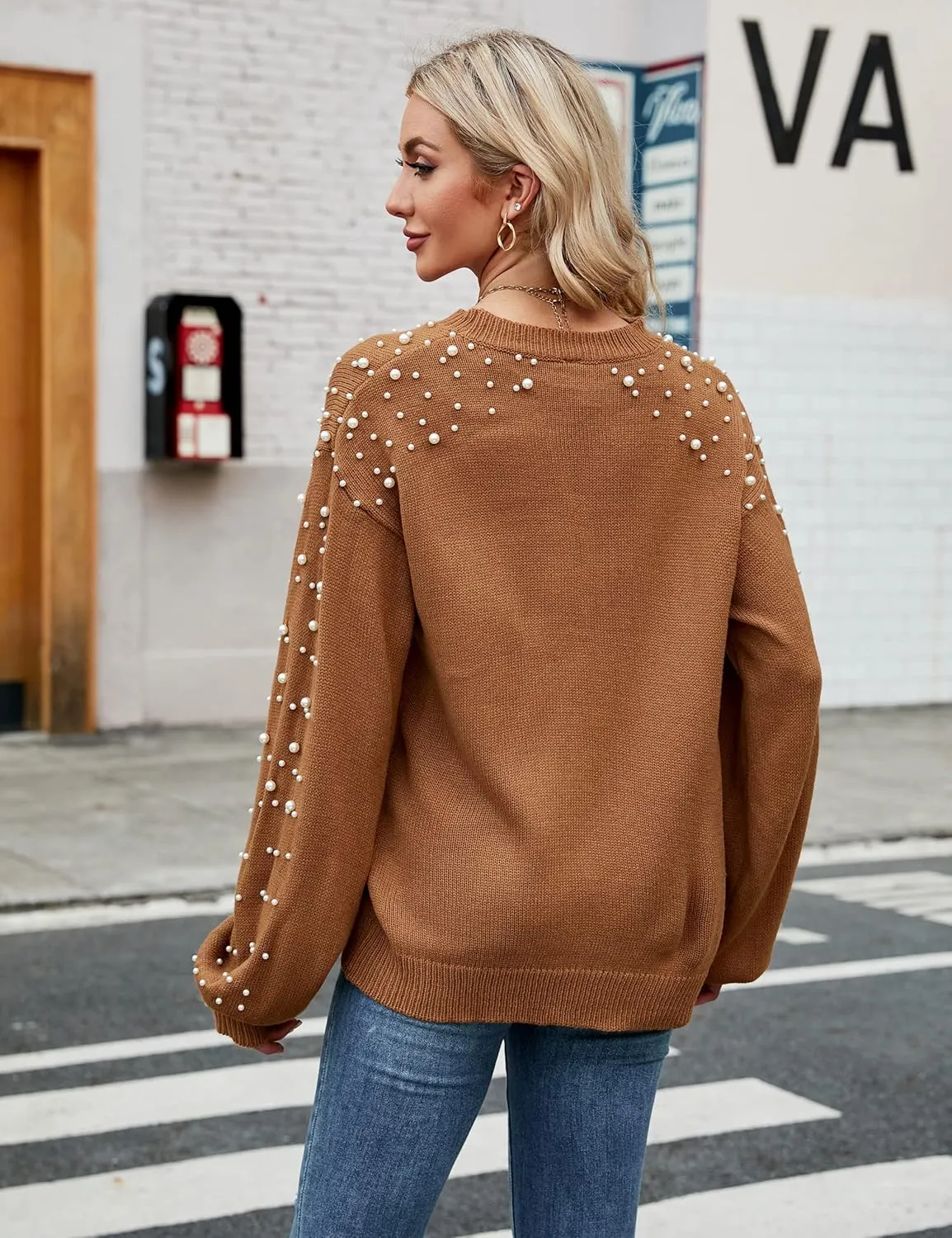 Blooming Jelly Women's Chunky Sweater Crewneck Sweatshirt Knit Lantern Sleeve Oversized Pullover Sweater with Pearls