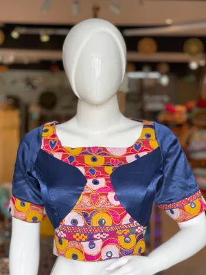 Blue mashru blouse with hand embroidery on front, back and sleeves