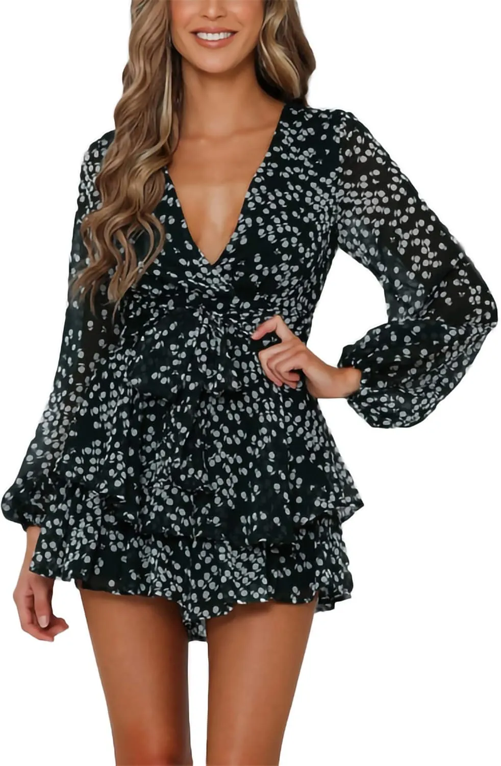 Bonkwa Women's Summer Deep V-Neck Floral Print Romper Long Baggy Sleeves Double Layer Ruffle Hem Short Jumpsuits with Belt