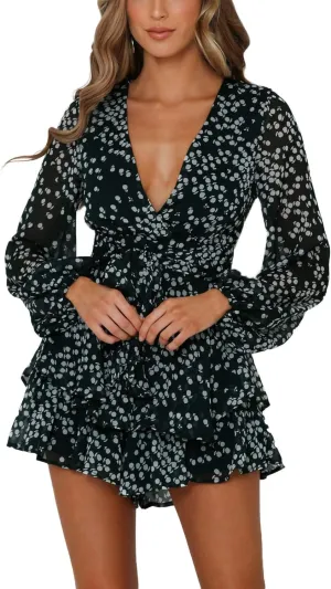 Bonkwa Women's Summer Deep V-Neck Floral Print Romper Long Baggy Sleeves Double Layer Ruffle Hem Short Jumpsuits with Belt