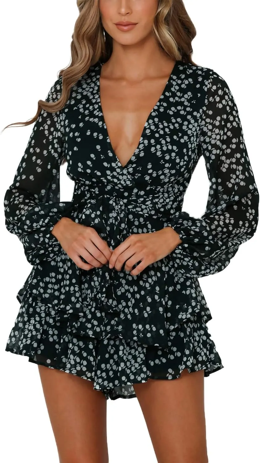 Bonkwa Women's Summer Deep V-Neck Floral Print Romper Long Baggy Sleeves Double Layer Ruffle Hem Short Jumpsuits with Belt