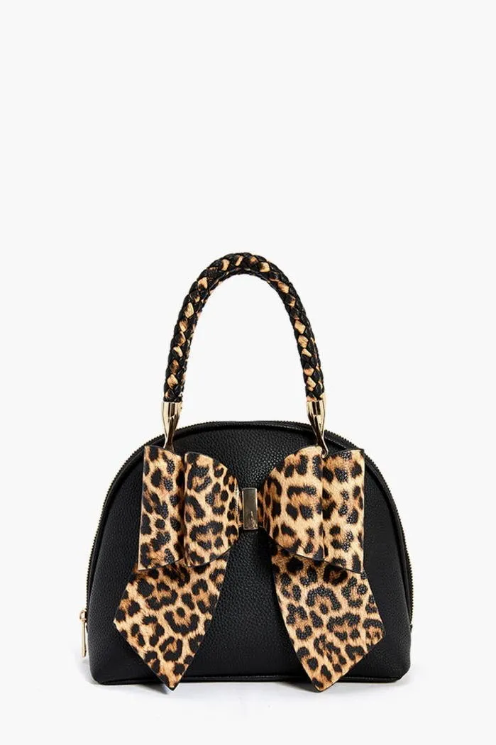 Brenna Leopard Bow & Braided Top Handle Handbag
