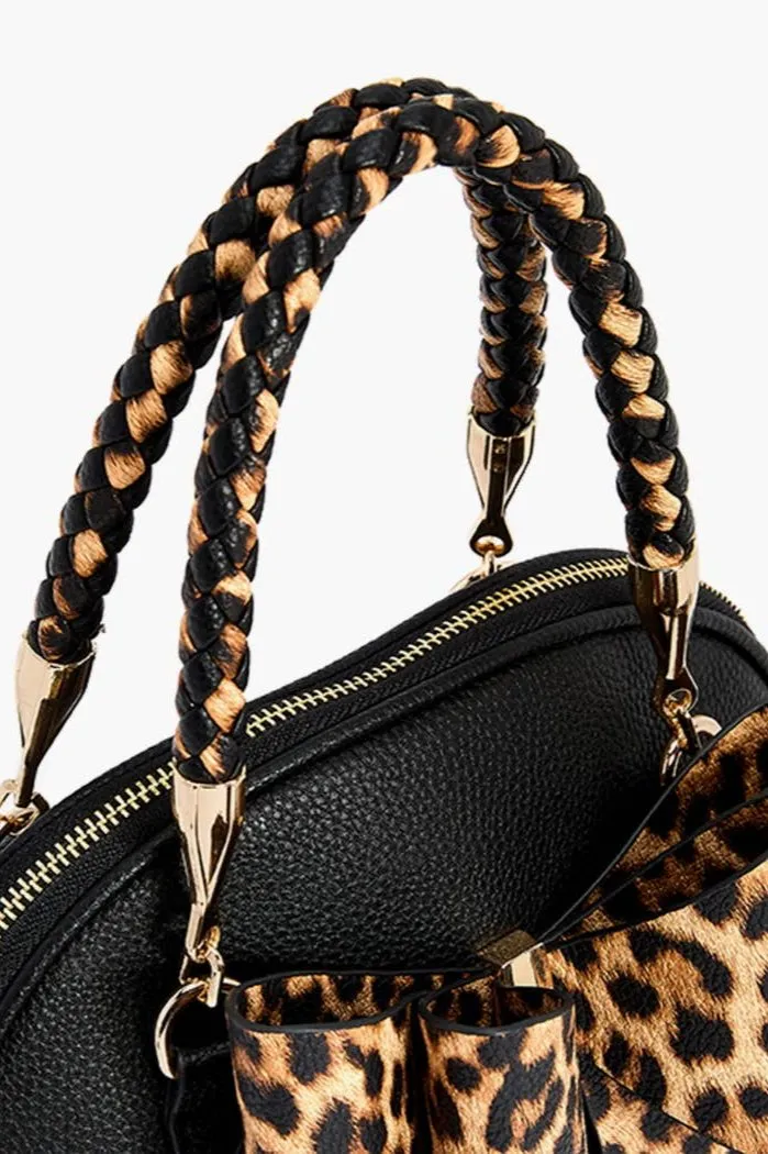 Brenna Leopard Bow & Braided Top Handle Handbag