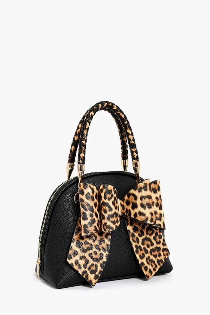 Brenna Leopard Bow & Braided Top Handle Handbag