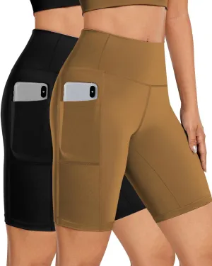 Buauty 2/3 Pack Biker Shorts Women Tummy Control with Pocket 8" High Waisted Yoga Running Workout Spandex Compression Shorts