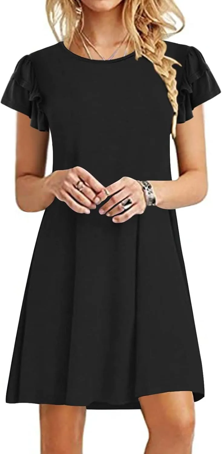 BZGTZT Women's 2023 Mini Dresses Summer Casual Ruffle Short Sleeve Cute Crew Neck Flowy T Shirt Dress with Pockets