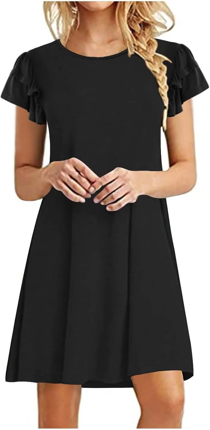 BZGTZT Women's 2023 Mini Dresses Summer Casual Ruffle Short Sleeve Cute Crew Neck Flowy T Shirt Dress with Pockets