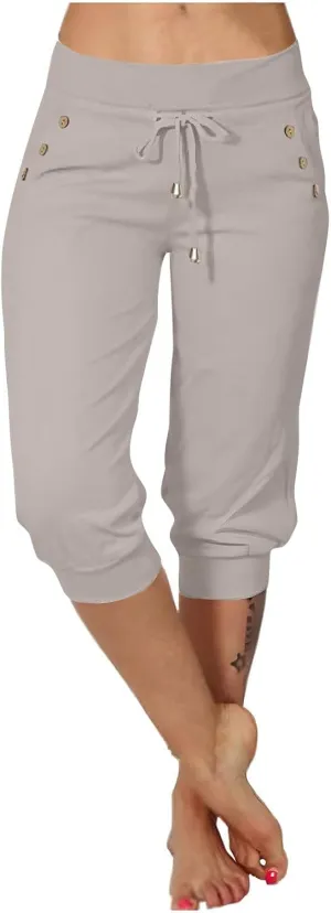 Capri Pants for Women High Waist Drawstring Comfy Pants Joggers Stretch Lightweigh Pant Cropped Beach Trousers