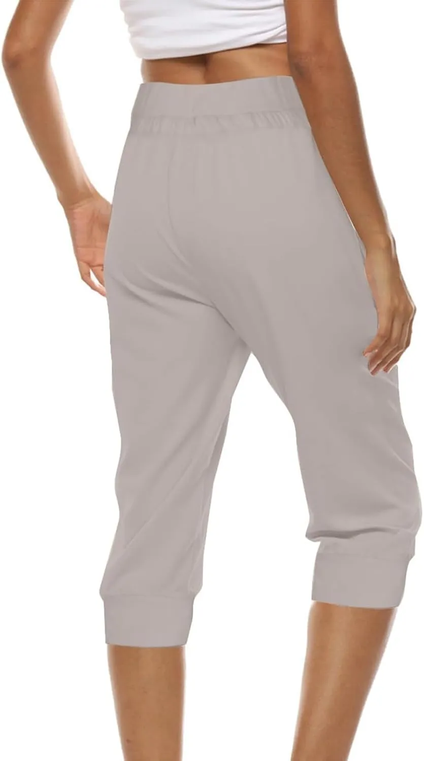 Capri Pants for Women High Waist Drawstring Comfy Pants Joggers Stretch Lightweigh Pant Cropped Beach Trousers