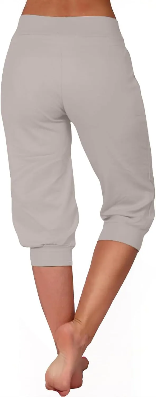 Capri Pants for Women High Waist Drawstring Comfy Pants Joggers Stretch Lightweigh Pant Cropped Beach Trousers
