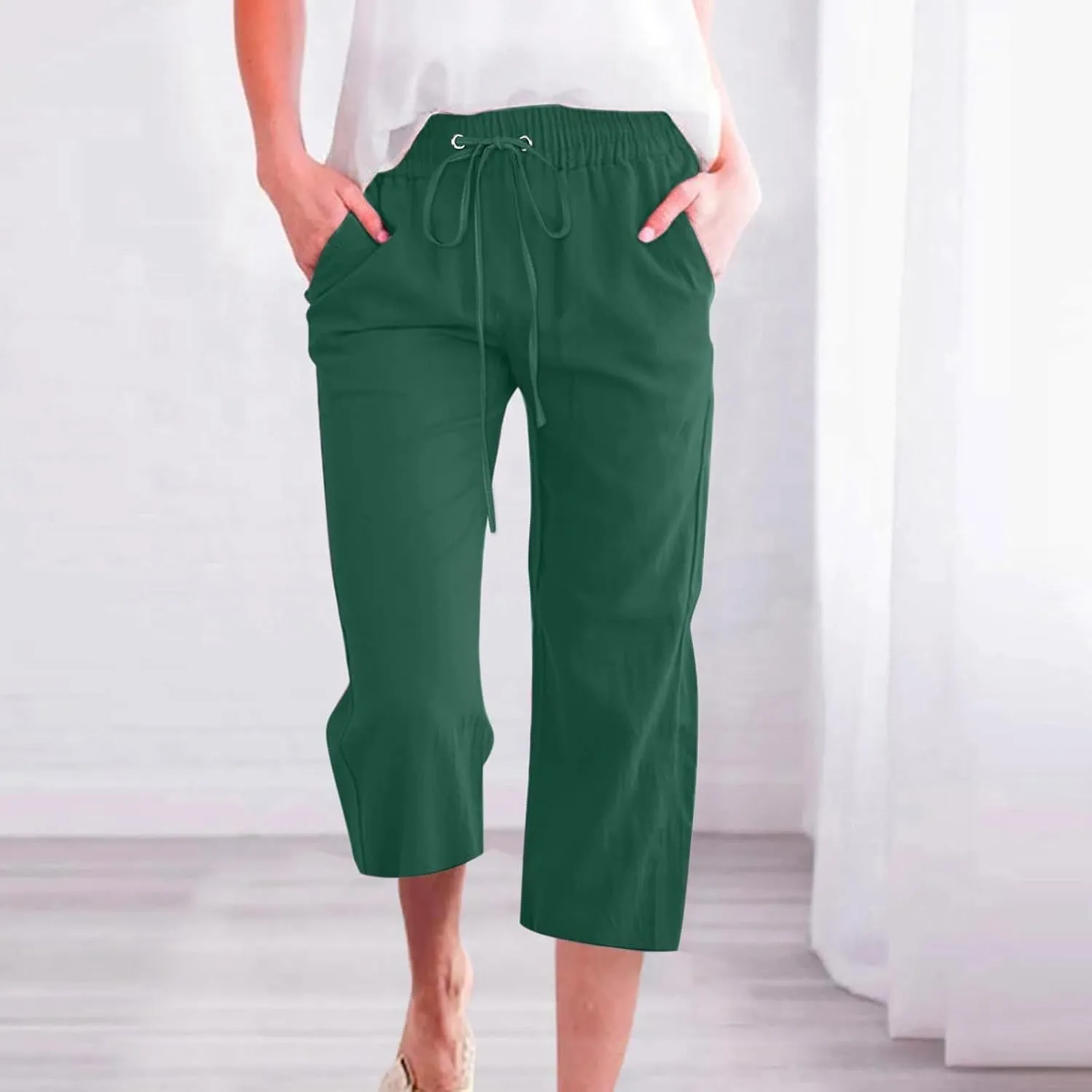 Capri Pants for Women High Waist Linen Casual Pant 2025 Summer Drawstring Elastic Wide Leg Plus Size Lounge Trouser