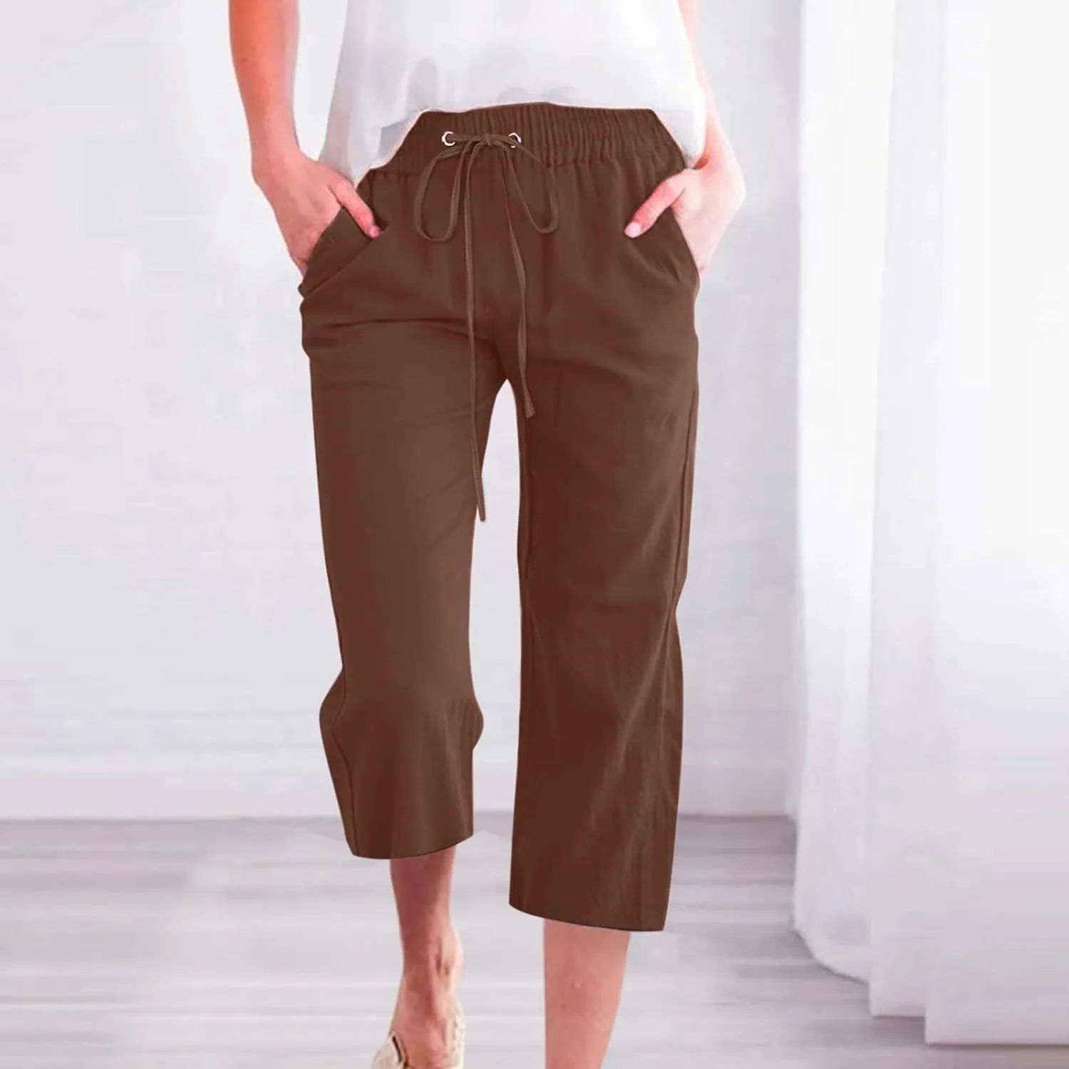 Capri Pants for Women High Waist Linen Casual Pant 2025 Summer Drawstring Elastic Wide Leg Plus Size Lounge Trouser