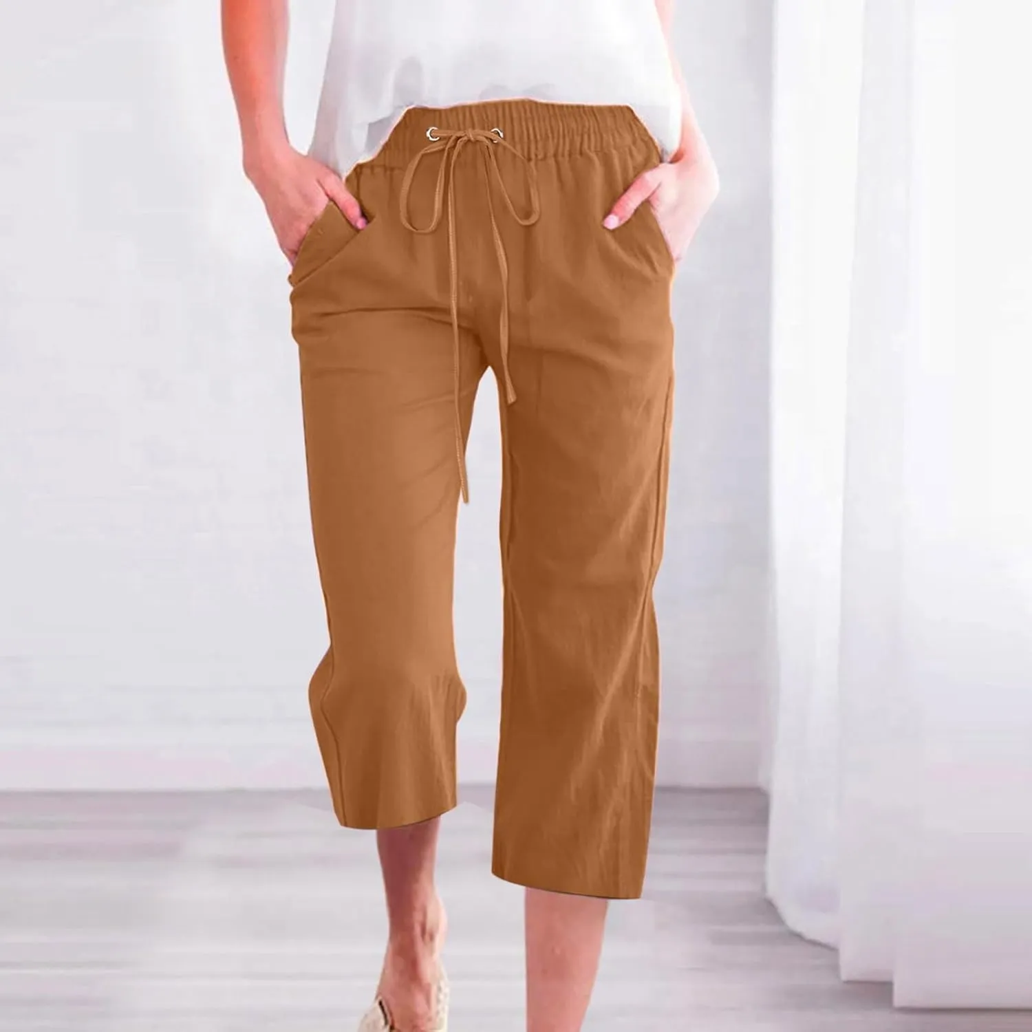 Capri Pants for Women High Waist Linen Casual Pant 2025 Summer Drawstring Elastic Wide Leg Plus Size Lounge Trouser