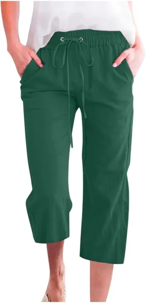 Capri Pants for Women High Waist Linen Casual Pant 2025 Summer Drawstring Elastic Wide Leg Plus Size Lounge Trouser