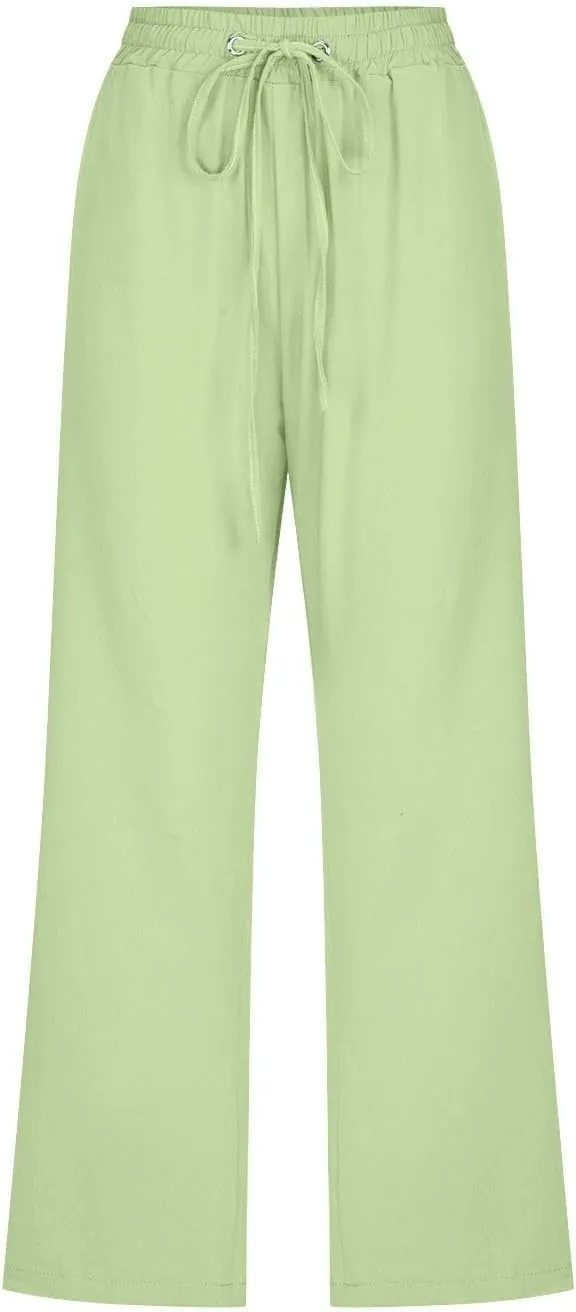 Capri Pants for Women High Waist Linen Casual Pant 2025 Summer Drawstring Elastic Wide Leg Plus Size Lounge Trouser