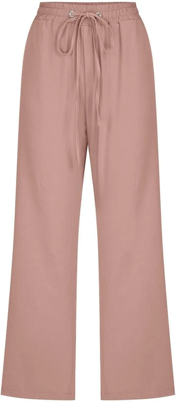 Capri Pants for Women High Waist Linen Casual Pant 2025 Summer Drawstring Elastic Wide Leg Plus Size Lounge Trouser