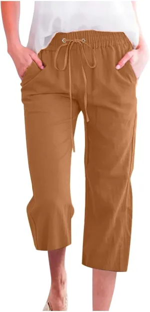 Capri Pants for Women High Waist Linen Casual Pant 2025 Summer Drawstring Elastic Wide Leg Plus Size Lounge Trouser
