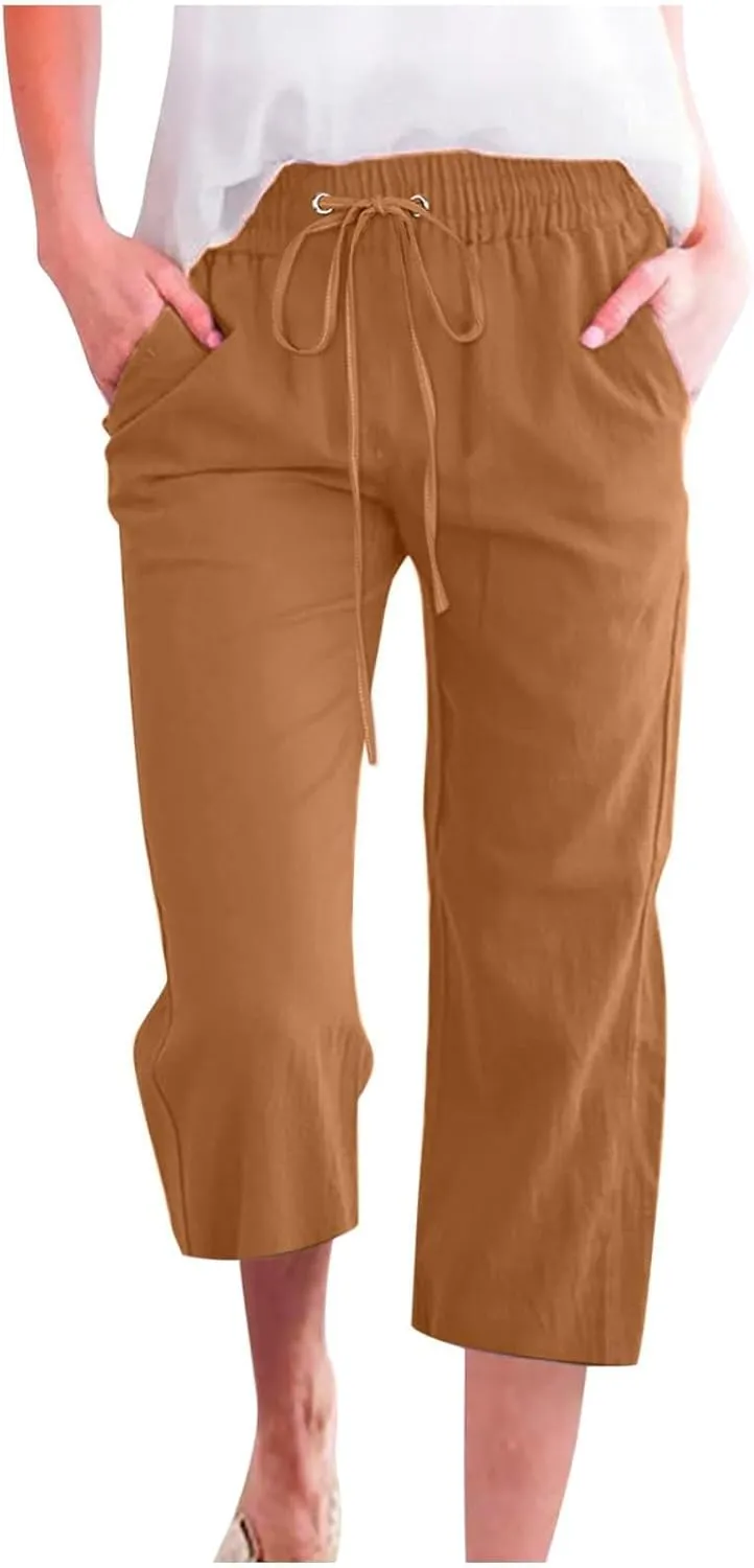 Capri Pants for Women High Waist Linen Casual Pant 2025 Summer Drawstring Elastic Wide Leg Plus Size Lounge Trouser