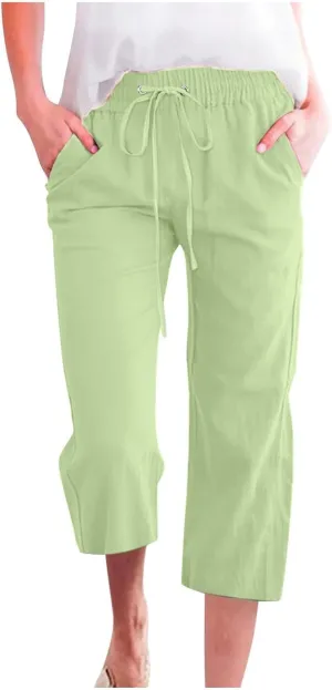 Capri Pants for Women High Waist Linen Casual Pant 2025 Summer Drawstring Elastic Wide Leg Plus Size Lounge Trouser