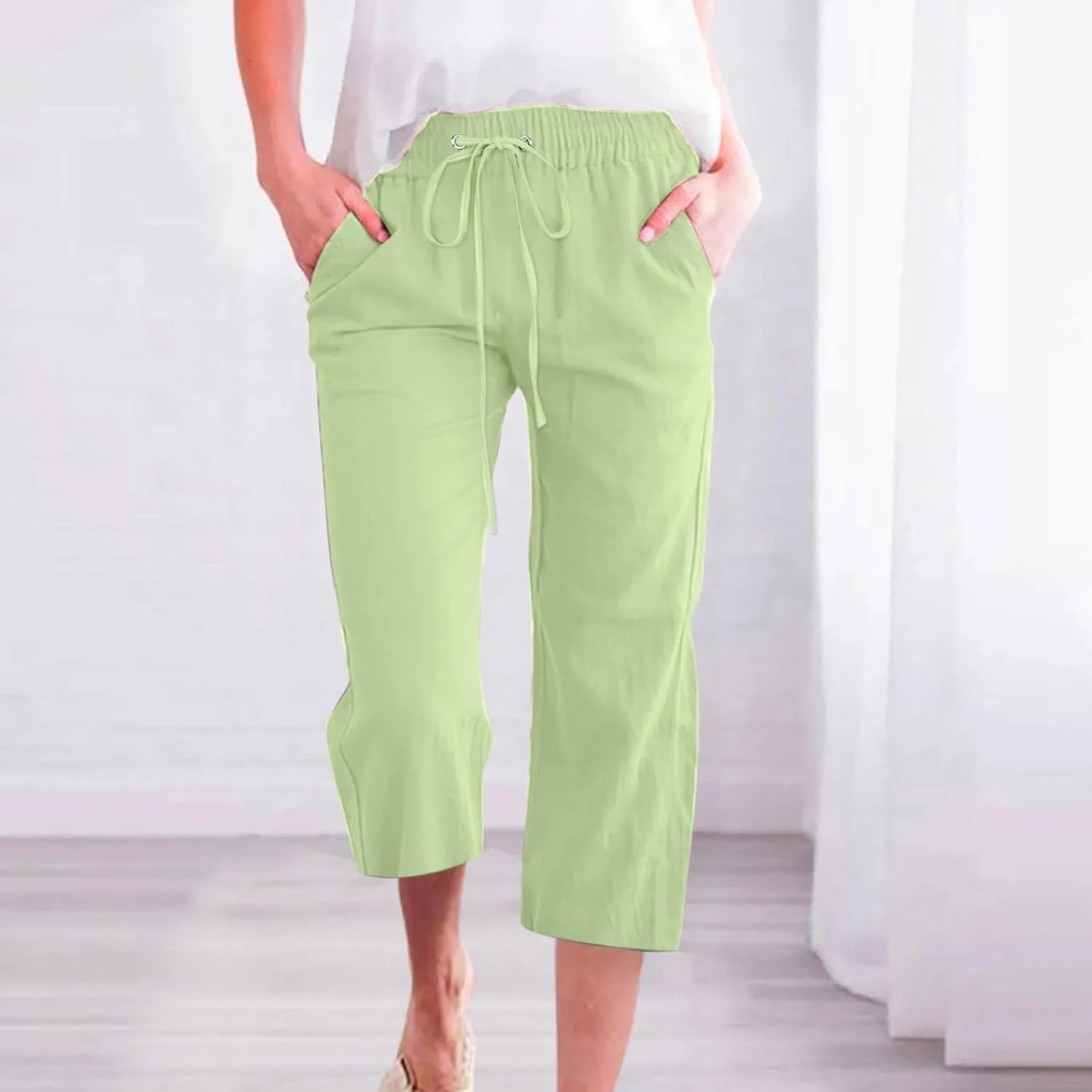 Capri Pants for Women High Waist Linen Casual Pant 2025 Summer Drawstring Elastic Wide Leg Plus Size Lounge Trouser