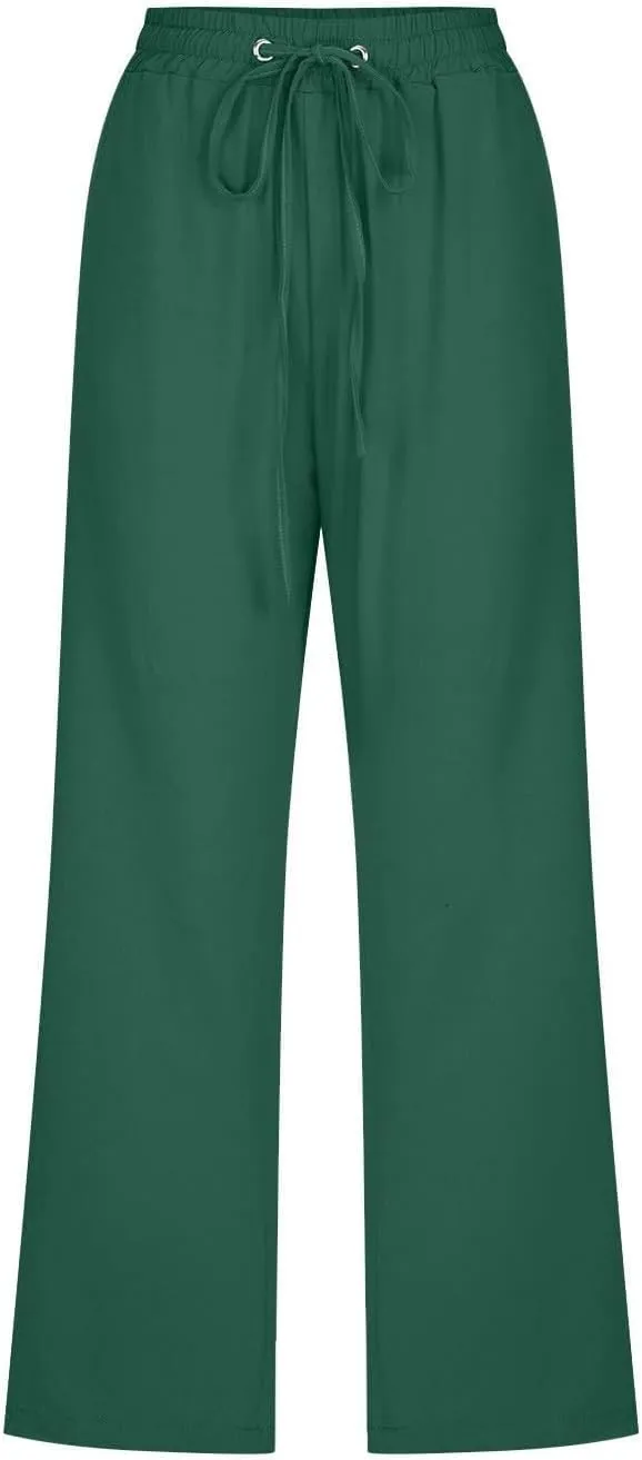 Capri Pants for Women High Waist Linen Casual Pant 2025 Summer Drawstring Elastic Wide Leg Plus Size Lounge Trouser