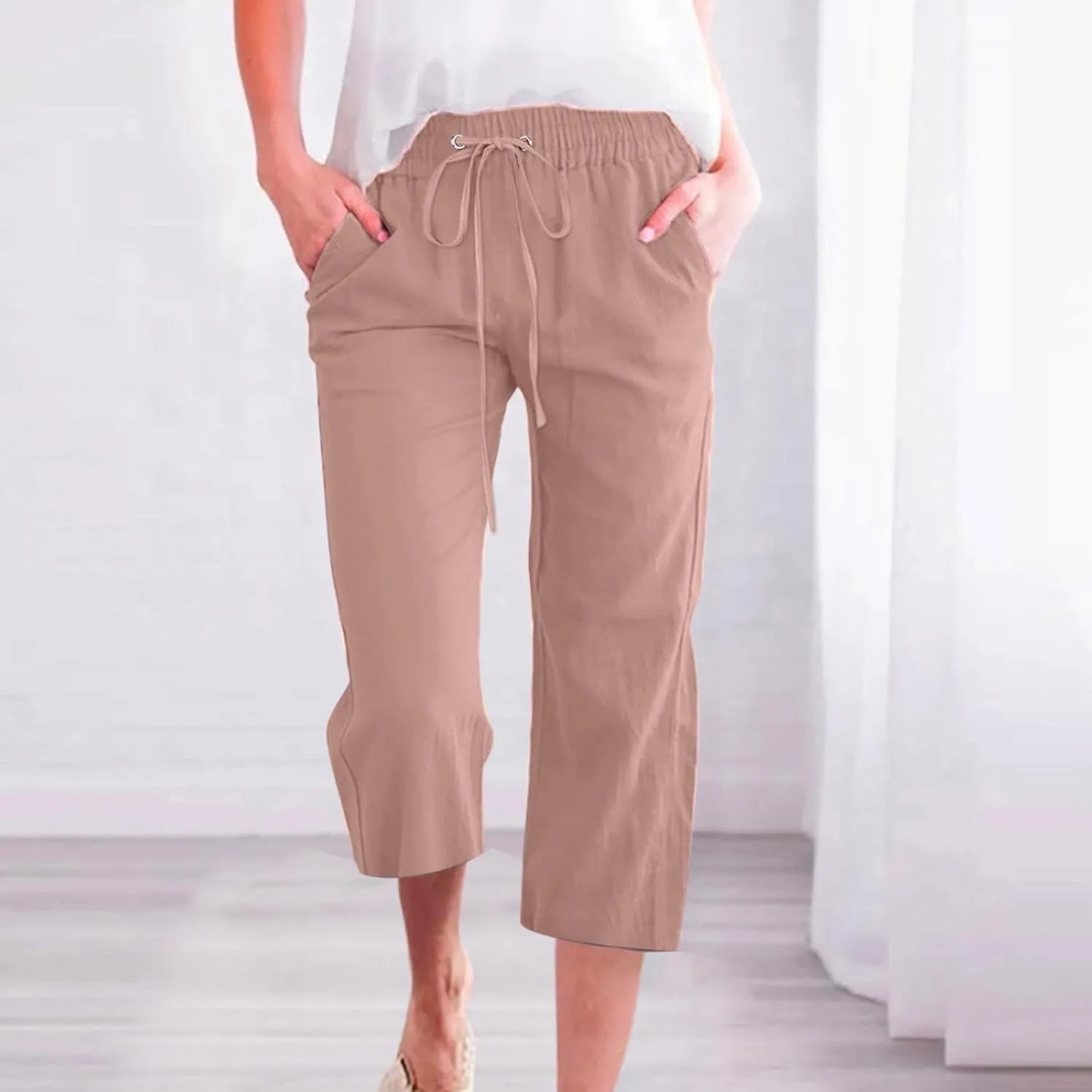Capri Pants for Women High Waist Linen Casual Pant 2025 Summer Drawstring Elastic Wide Leg Plus Size Lounge Trouser