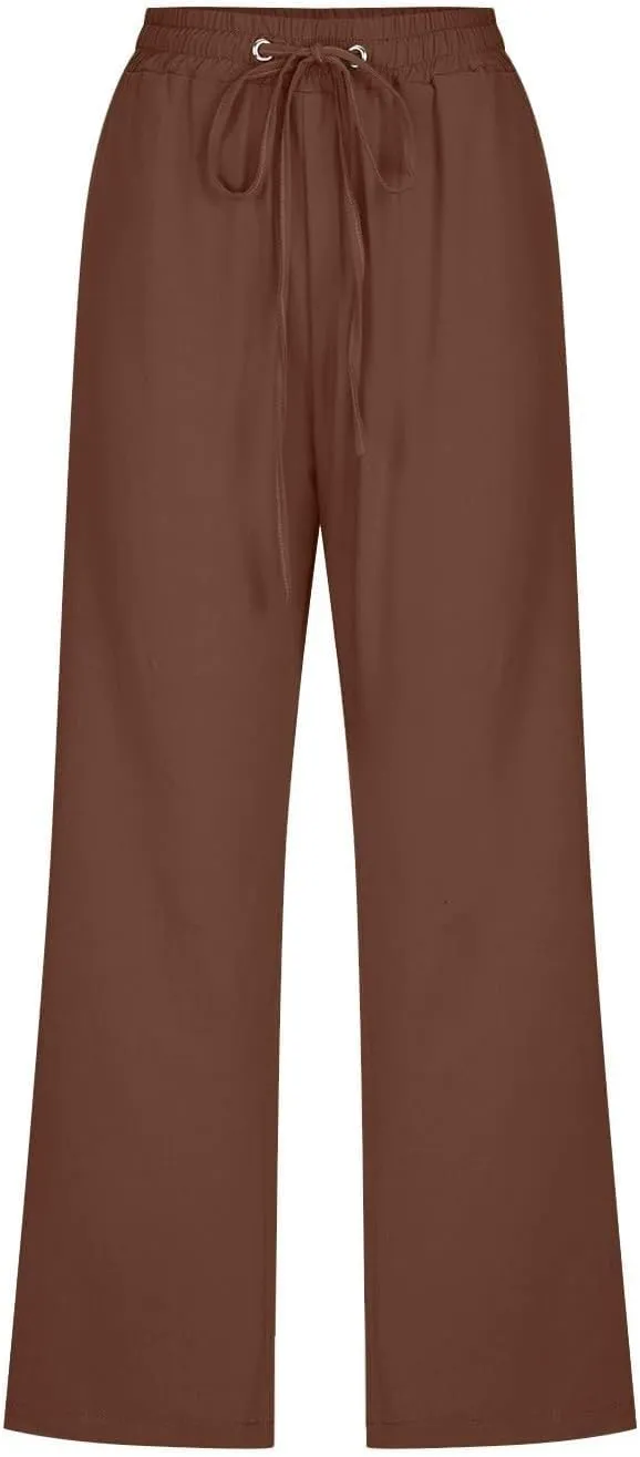 Capri Pants for Women High Waist Linen Casual Pant 2025 Summer Drawstring Elastic Wide Leg Plus Size Lounge Trouser