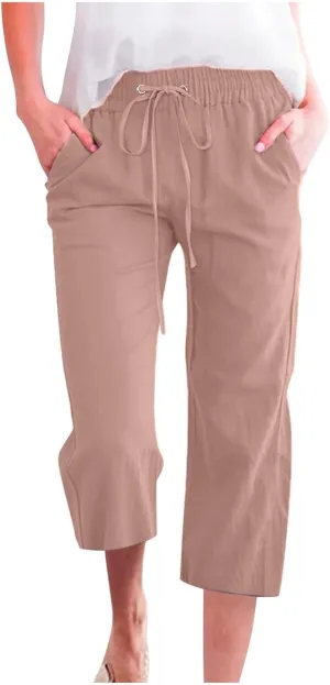 Capri Pants for Women High Waist Linen Casual Pant 2025 Summer Drawstring Elastic Wide Leg Plus Size Lounge Trouser