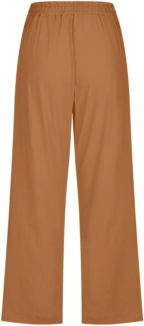 Capri Pants for Women High Waist Linen Casual Pant 2025 Summer Drawstring Elastic Wide Leg Plus Size Lounge Trouser