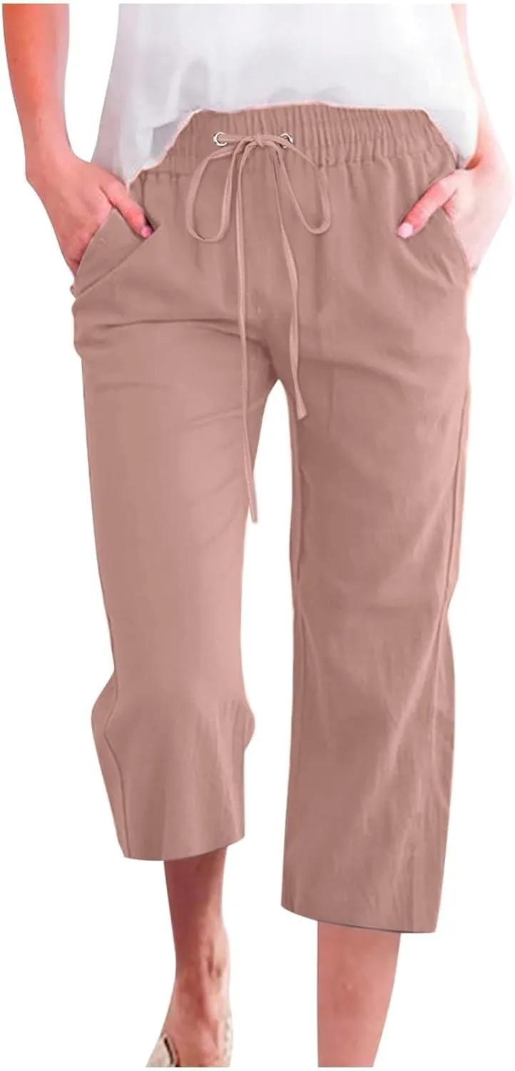 Capri Pants for Women High Waist Linen Casual Pant 2025 Summer Drawstring Elastic Wide Leg Plus Size Lounge Trouser