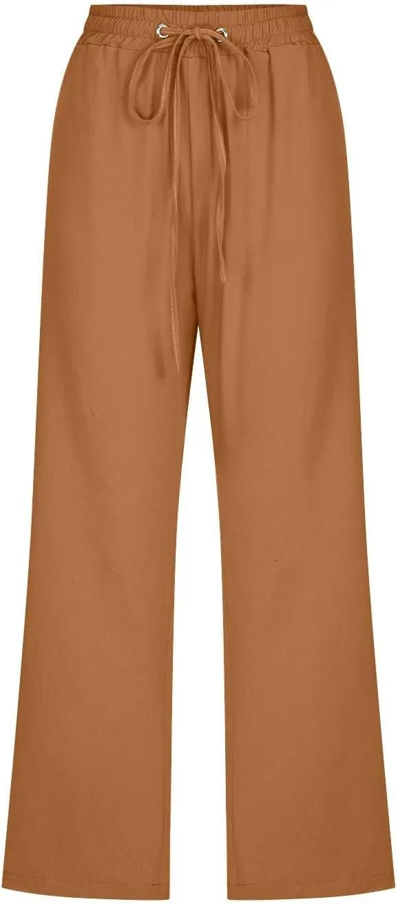 Capri Pants for Women High Waist Linen Casual Pant 2025 Summer Drawstring Elastic Wide Leg Plus Size Lounge Trouser