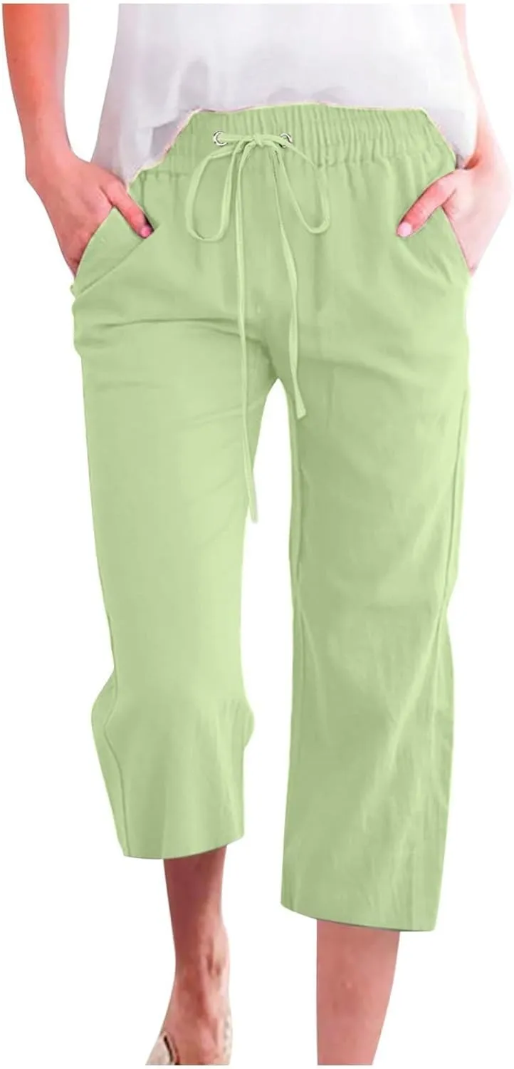 Capri Pants for Women High Waist Linen Casual Pant 2025 Summer Drawstring Elastic Wide Leg Plus Size Lounge Trouser