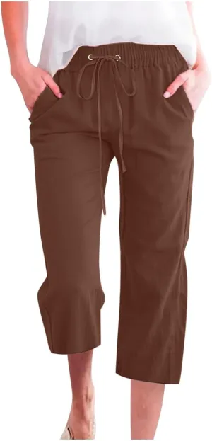 Capri Pants for Women High Waist Linen Casual Pant 2025 Summer Drawstring Elastic Wide Leg Plus Size Lounge Trouser