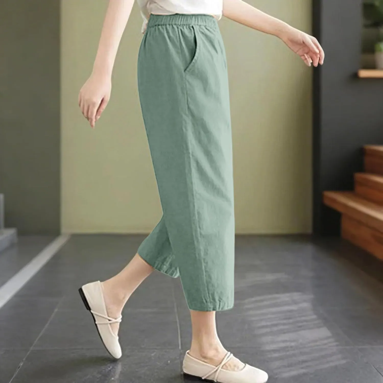 Capri Pants for Women Summer Casual Lounge Pant with Pockets Cropped Cotton Linen Loose Drawstring Baggy Trousers