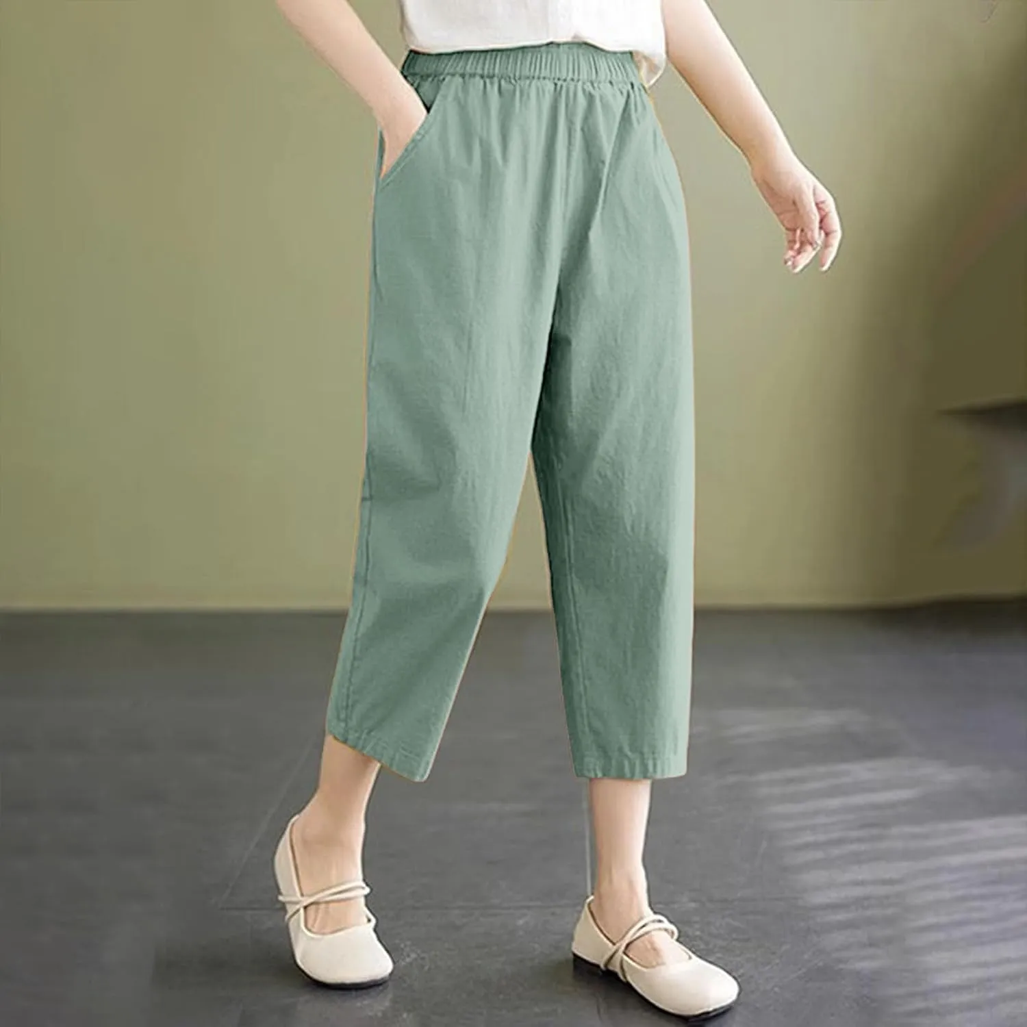 Capri Pants for Women Summer Casual Lounge Pant with Pockets Cropped Cotton Linen Loose Drawstring Baggy Trousers