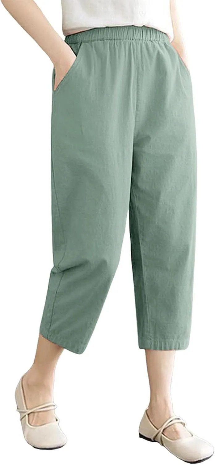 Capri Pants for Women Summer Casual Lounge Pant with Pockets Cropped Cotton Linen Loose Drawstring Baggy Trousers