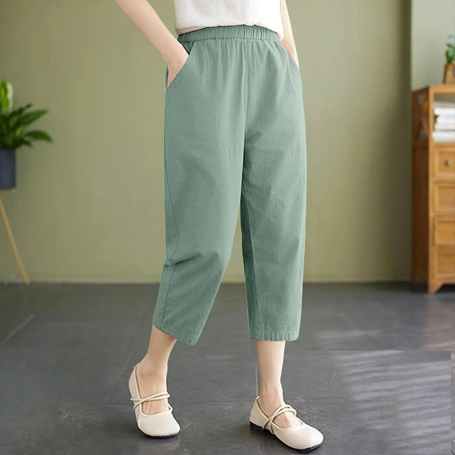 Capri Pants for Women Summer Casual Lounge Pant with Pockets Cropped Cotton Linen Loose Drawstring Baggy Trousers