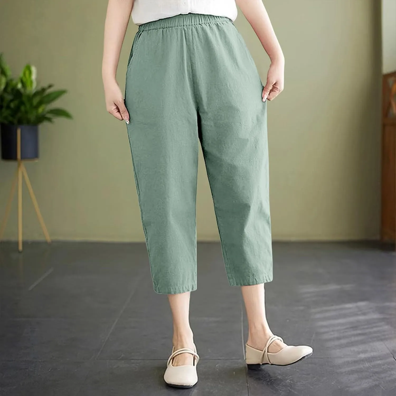 Capri Pants for Women Summer Casual Lounge Pant with Pockets Cropped Cotton Linen Loose Drawstring Baggy Trousers