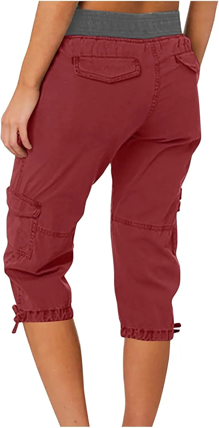Cargo Capri Pants for Women Stretch High Waist Jogger Sweatpant Casual Lightweight Outdoor Hiking Trouser with Pocket